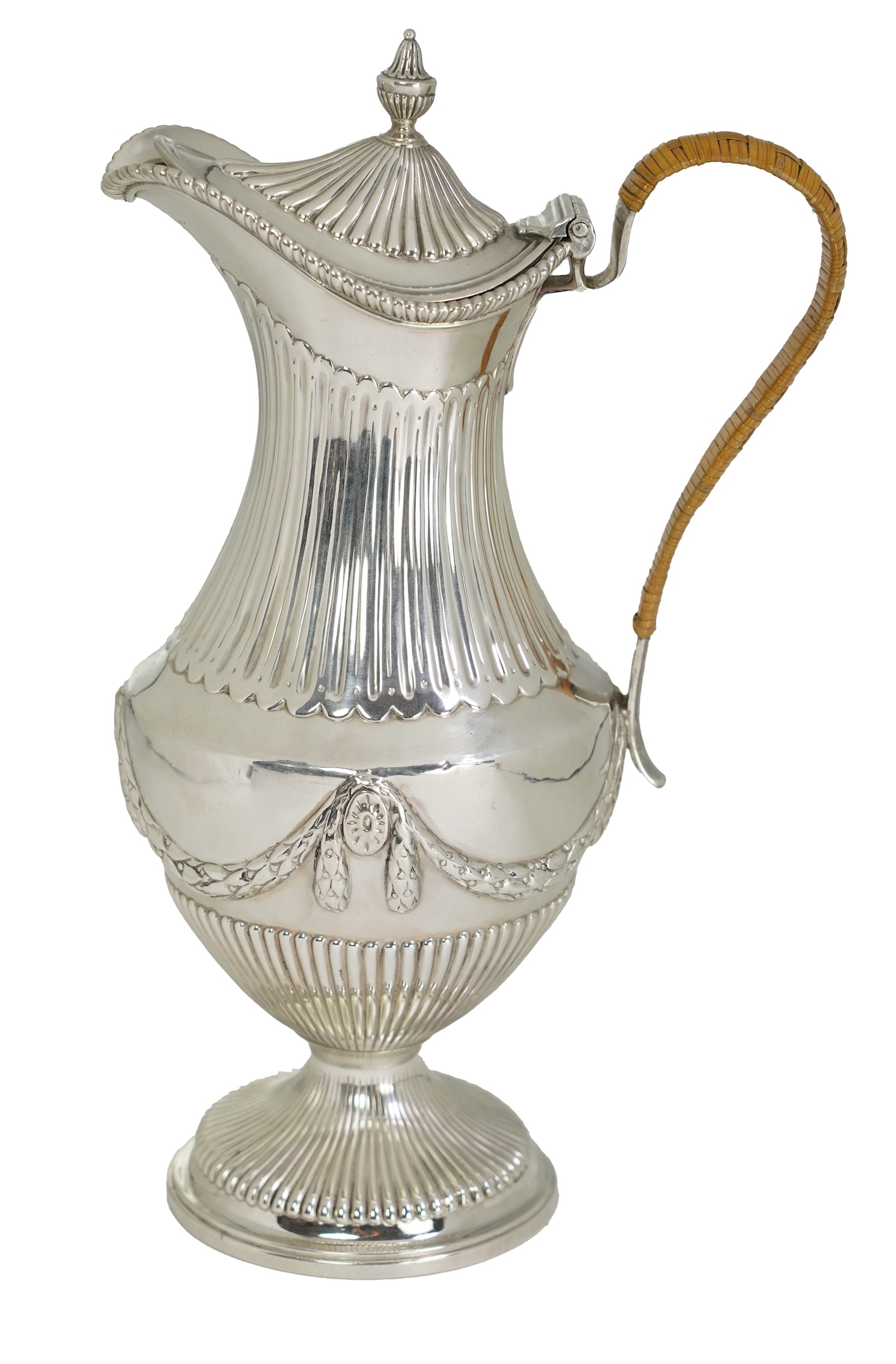 A George III neo-classical silver pedestal hot water pot, by Augustin Le Sage, engraved with the crest of The Right Reverend Robert Lowth, Bishop of London, (1710-1787)